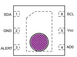 Diagram of integrated circuit pins labeled SDA, GND, ALERT, AD0, Vcc, SCL.