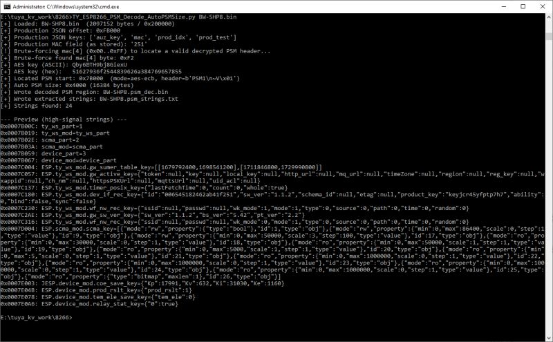 Command prompt window showing decoded Tuya ESP8266 BIN file output using Python script