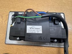V-PRO Smart socket installation with Supla app support Back side of V-PRO Smart electrical socket with connected wires