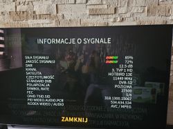 Ekran telewizora z informacjami o sygnale telewizji satelitarnej.