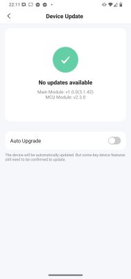 “Device Update” screen showing “No updates available” and an “Auto Upgrade” toggle