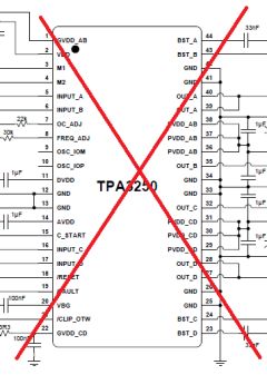 Schemat układu TPA3250 z zaznaczoną czerwoną linią w kształcie krzyża.