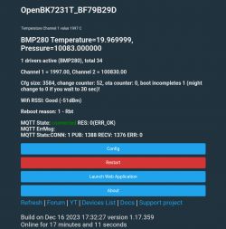 OpenBK7231T device status page showing temperature, pressure, and MQTT connection info.