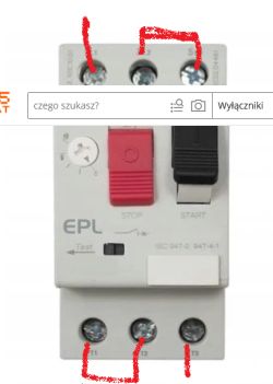 Wyłącznik silnikowy z zaznaczonymi stykami roboczymi L1, L2, L3 i T1, T2, T3