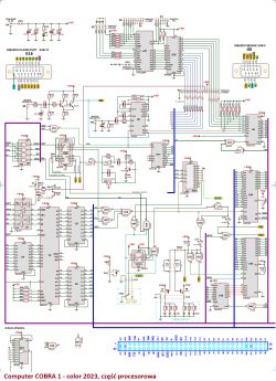 Schemat elektroniczny procesora komputera COBRA 1 z 2023 roku z podzespołami, złączami i ścieżkami sygnałów.