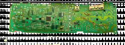 Printed circuit board with green laminate and conductive pathways.