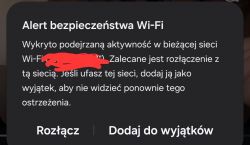 Alert bezpieczeństwa Wi-Fi z komunikatem o podejrzanej aktywności w sieci.