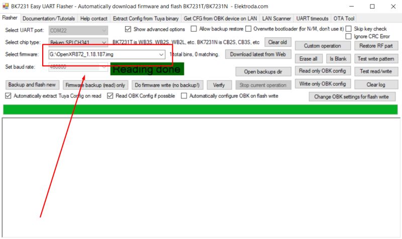 Screenshot of BK7231 Easy UART Flasher with a firmware file path selected.