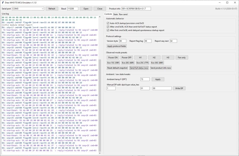 Screenshot of “Dreo WHS17S MCU Emulator” showing COM port logs and a control panel