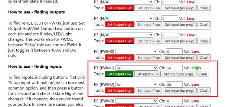 Screenshot of P7 and P8 Output Settings on TuyaMCU Screenshot of a settings interface for outputs P7 and P8 on a TuyaMCU device.