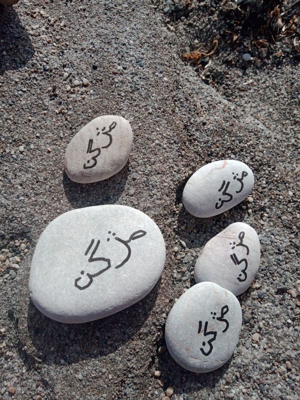 Pięć kamieni na piasku z czarnymi napisami w języku perskim.
