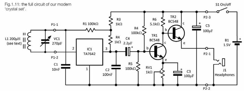 Modern crystal radio circuit using TA7642 IC and BC548 transistors, no diode