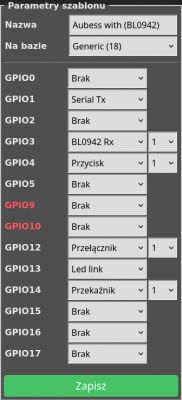 Screenshot of GPIO settings for the Aubess with (BL0942) device in Tasmota configuration.