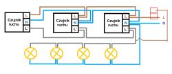 Jak podłączyć 5 czujników ruchu do halogenów w korytarzu w kształcie U?