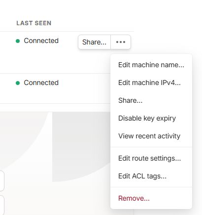 Screenshot of Tailscale panel showing machine options menu