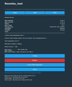 “Roomba_test” dashboard with Clean/Spot/Dock buttons and sensor readings plus MQTT status