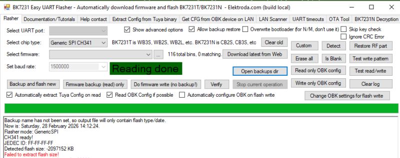 Screenshot of BK7231 Easy UART Flasher showing green “Reading done” status