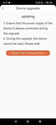 Device update screen with instructions and firmware download option.
