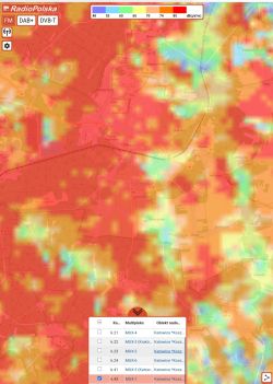 Mapa RadioPolska zasięgu DVB‑T w okolicach Olkusza z kolorową skalą natężenia sygnału