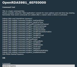 Screenshot of OpenRDA5981 tool interface showing tuyamcu debug command list