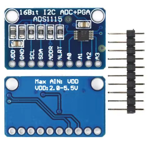 ADS1115 Module with Integrated Circuit ADS1115 module with pins and integrated circuit.