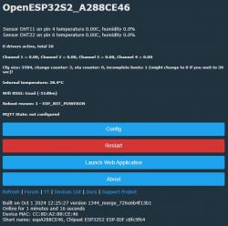 OpenESP32S2 user interface displaying DHT11 and DHT22 sensor information.