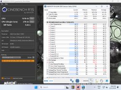 Zrzut ekranu Cinebench R15 i HWiNFO z wynikami CPU oraz temperaturami rdzeni