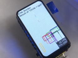 Malutki ekran ESP32-C6 z kolorowym testem wyświetlania kształtów i danymi FPS/CPU