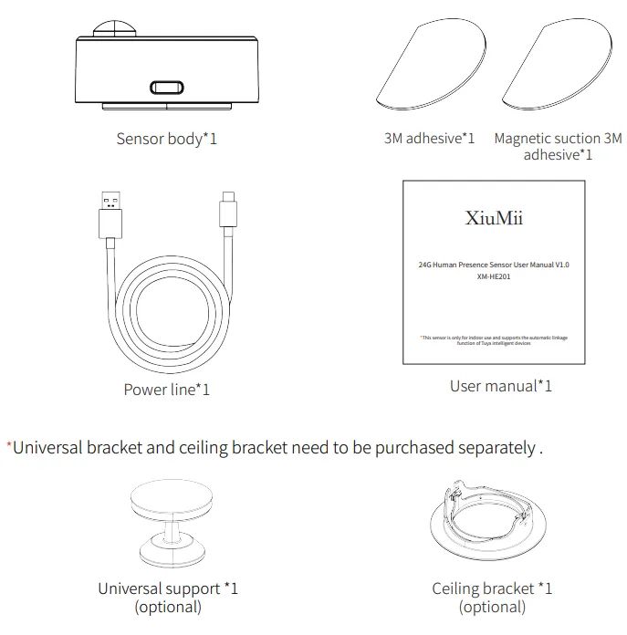 XiuMii presence sensor kit contents with USB-C cable and mounting accessories