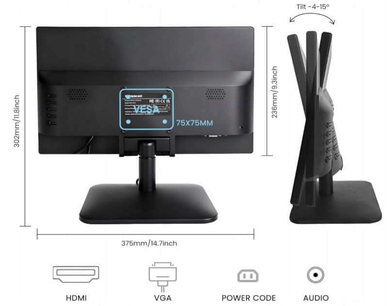 Back of 15.6 touchscreen monitor with VESA 75x75 mm mount and tilt stand