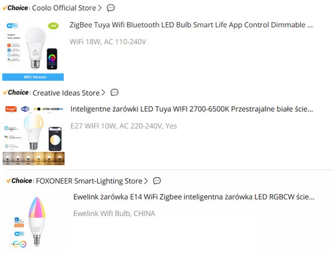 A list of orders for three smart LED bulbs from different online stores.
