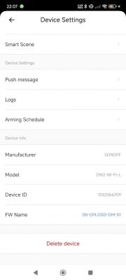 Screenshot of SONOFF device settings on a smartphone showing options for Smart Scene, push message, logs, and arming schedule.