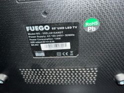 Nameplate of Fuego 55 UHD LED TV with model 55ELU610ANDT.