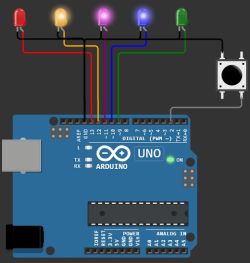 Schemat połączenia Arduino Uno z pięcioma diodami LED i jednym przyciskiem