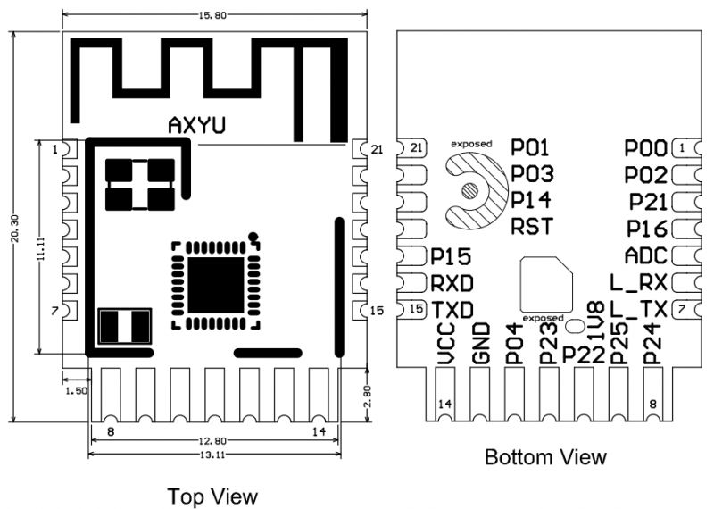 Technical Drawing of AXYU Electronic Module Technical drawing of an electronic module with top and bottom views.