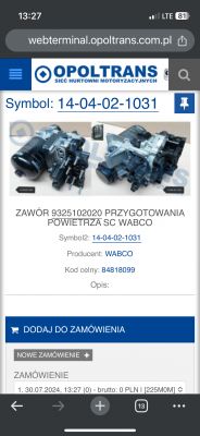 Zawór powietrza SC WABCO z oznaczeniem 9325102020 na stronie Opoltrans.