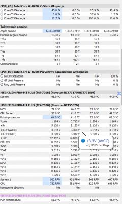 Zrzut ekranu z programu monitorującego zasoby komputera z danymi o procesorze i temperaturach.