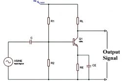 Amplifier Circuit Diagram with NPN Transistor Circuit diagram of an amplifier with an NPN transistor and passive components.