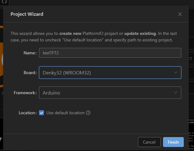 PlatformIO Project Wizard for Denky32 Screenshot of the PlatformIO project wizard showing settings for the Denky32 (WROOM32) board with the Arduino framework selected.