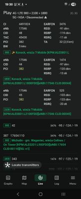 Zrzut ekranu z aplikacji NetMonster z danymi o zasięgu sieci Play i T-Mobile