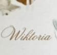 Napis „Wiktoria” kursywą w beżowym kolorze na jasnym tle; zdjęcie jest rozmyte.