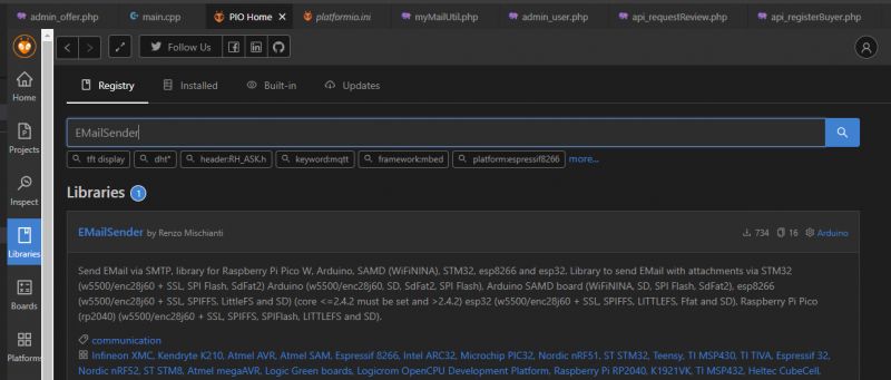 Screenshot of EMailSender Library Search in PlatformIO Screenshot from PlatformIO showing search results for the EMailSender library.