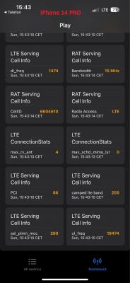 Ekran wyników testu sieci LTE na telefonie iPhone 14 PRO.