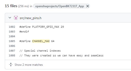 Code snippet in the new_pins.h file showing that 64 channels are available in the OpenBK7231T_App project.