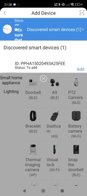 Smart home app device addition screen Smart home app screen shows one discovered device and multiple device type icons