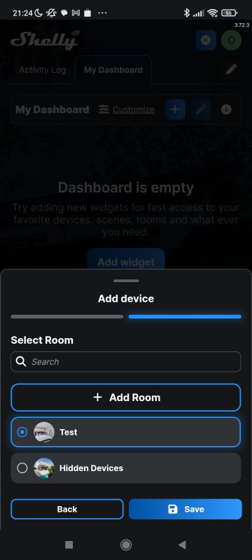 Shelly app screen showing device addition with room selection “Test”