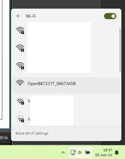 Wi-Fi Network List with OpenBK7231T List of available Wi-Fi networks on a computer screen with the OpenBK7231T network highlighted.