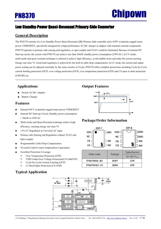 PN8370 Technical Documentation by Chipown Page from Chipown's PN8370 technical documentation.