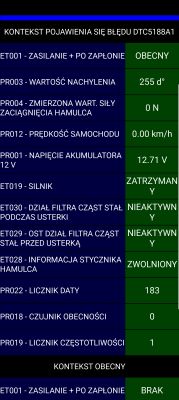 Zrzut ekranu z diagnostyki błędu DTC5188A1 systemu hamulca ręcznego Renault Laguna
