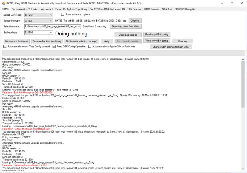 Screenshot of BK7231 Easy UART Flasher showing checksum error logs and the status “Doing nothing..”